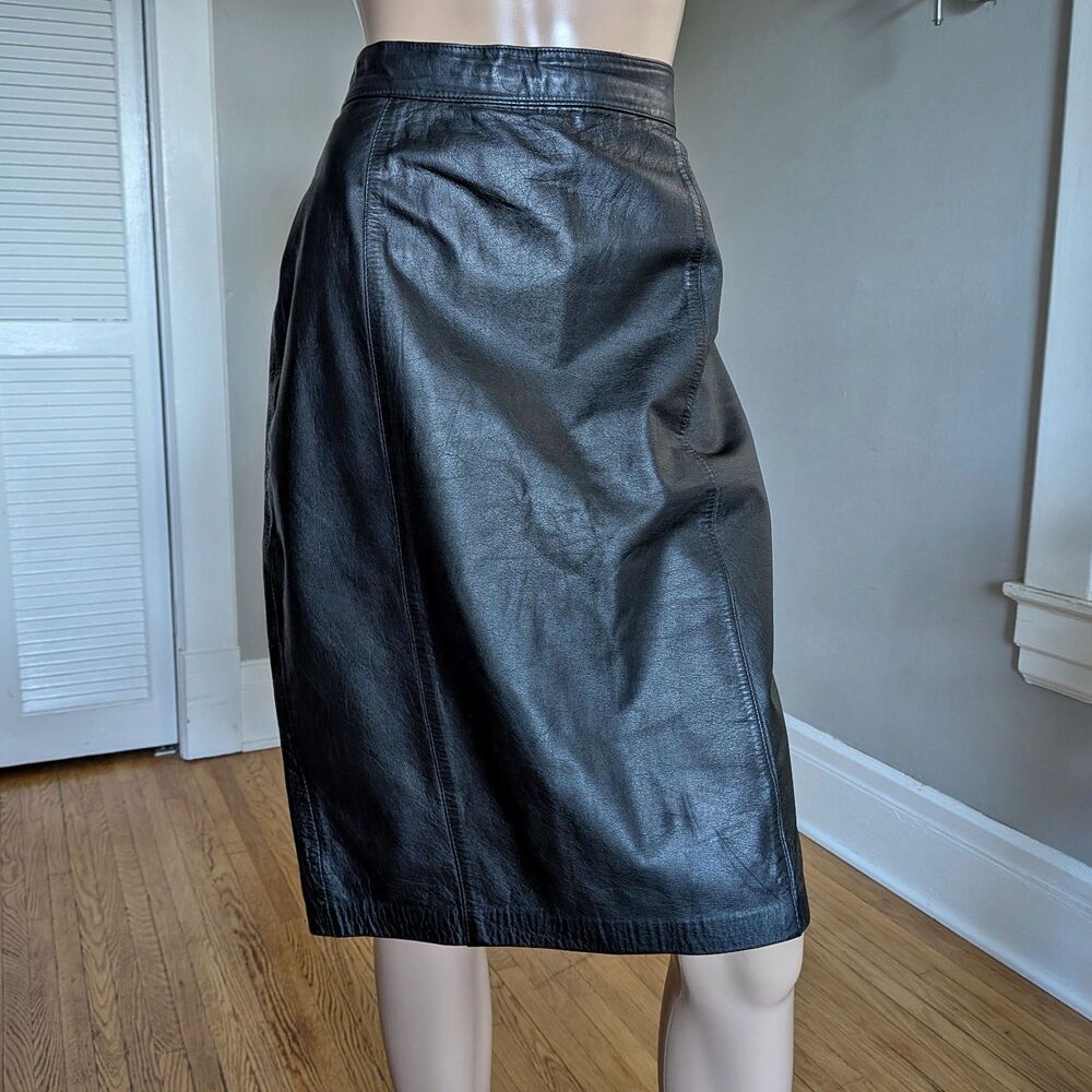Vintage 90s Leather Midi Skirt Elizabeth Black Grunge Biker Moto Size 11/12